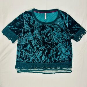 Xhilaration Green Velvet Blouse with Lace Trim